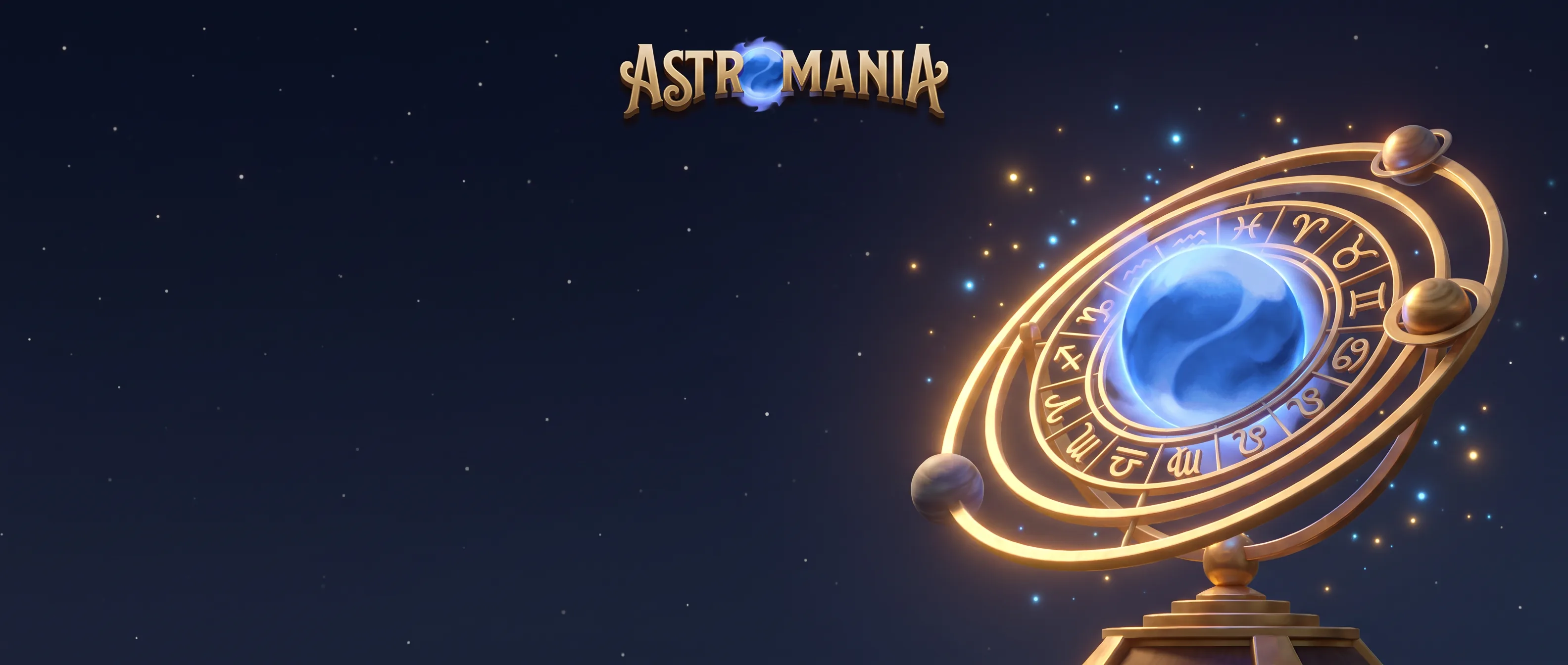 Goldenes Astromania-Planetarium mit blauem Himmelskörper vor einem Sternenhimmel