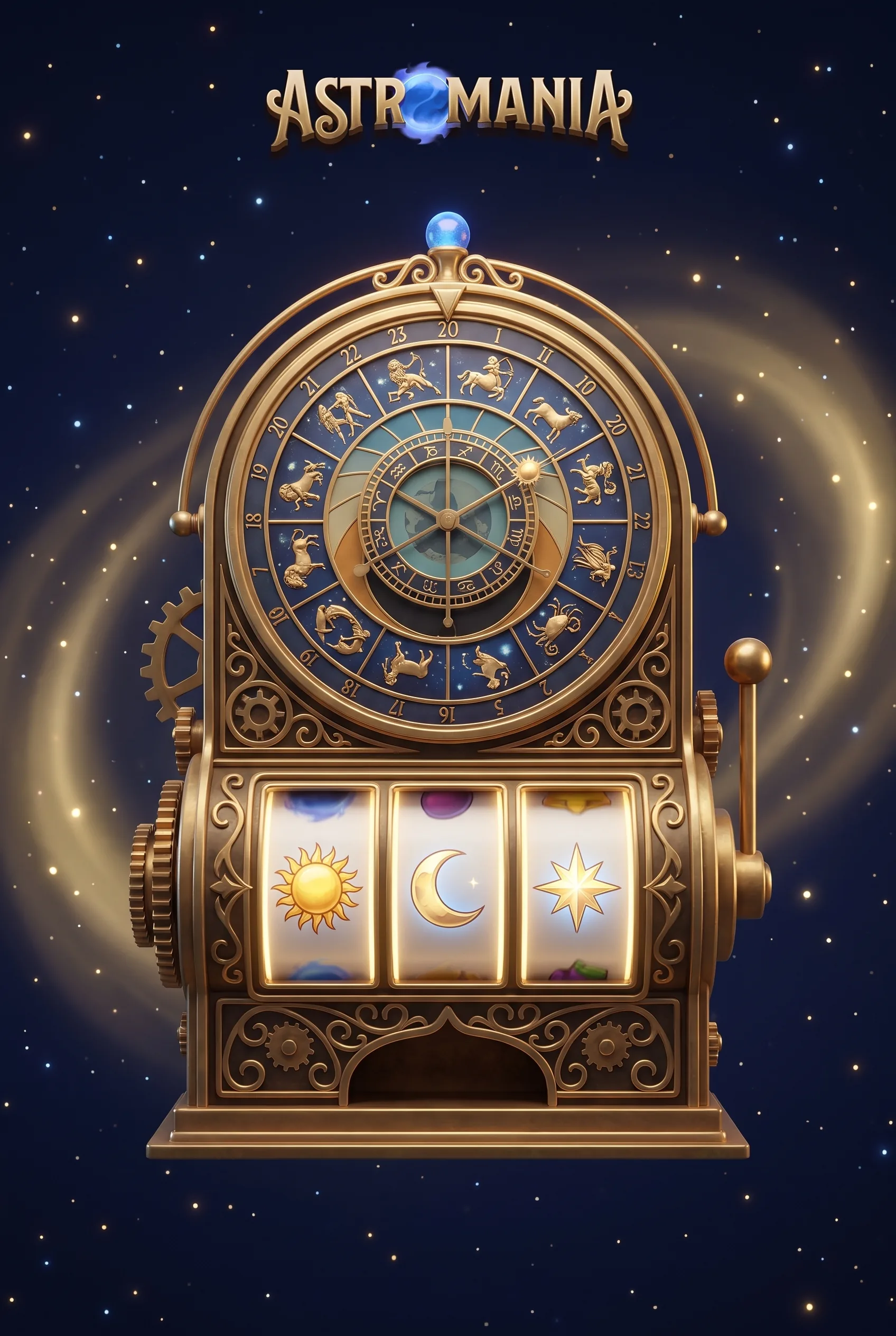 Goldener Astromania-Spielautomat mit Sternzeichen, Sonne und Mond